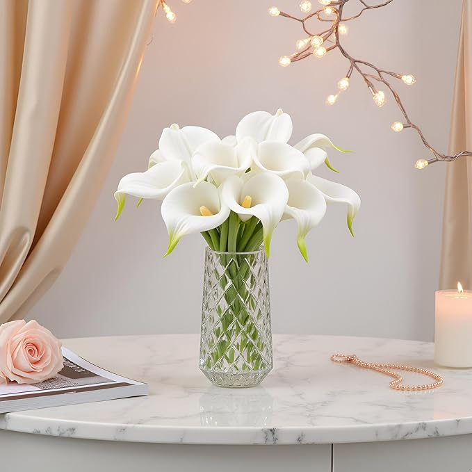 Floral Kingdom 20 Pack Artificial Calla Lily Flowers 14 Inch White - Real Touch Faux Flowers for Home Decor, Table Centerpieces, Entryway Consoles and Weddings