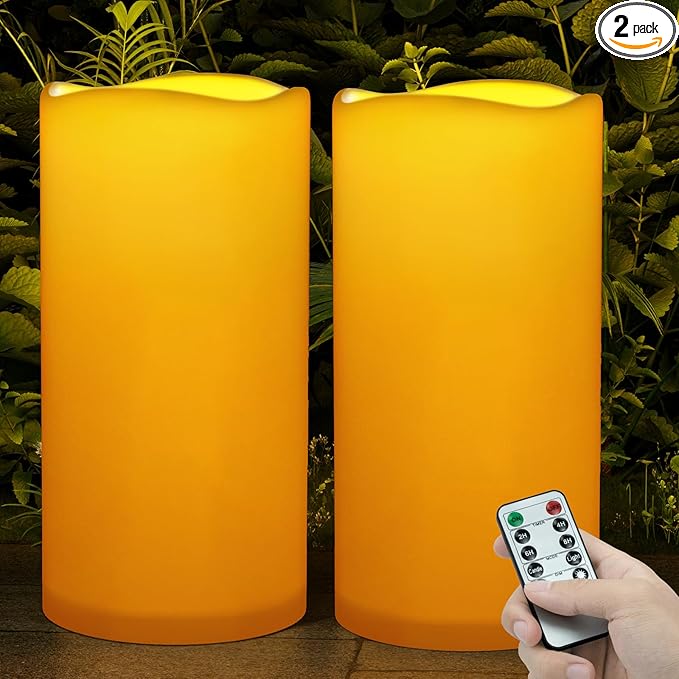 Outdoor Flameless Candles Waterproof: 6" x 12" Extra Large LED Battery Operated Flickering Pillar Candles with Timer Remote Control Fake Plastic Tall Electric Candles for Porch Lanterns, Set of 2