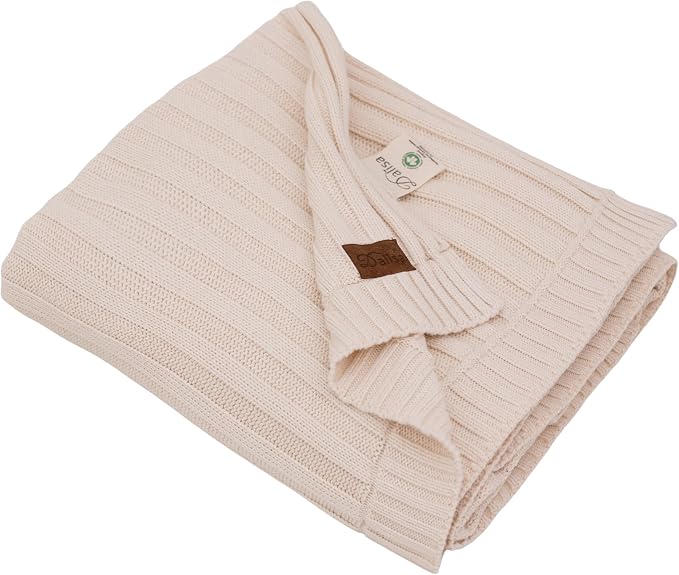 100% Organic Cotton Knit Blanket Denise 80x90 Inches Earth Ivory -Soft and Lightweight, Breathable All-Season Throw for Bed, Sofa, or Lounge Area - GOTS Certified-Perfect for Home and Bedroom Styling