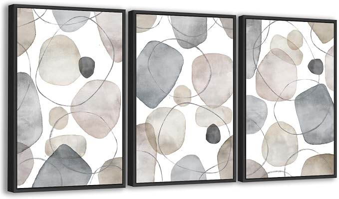 Large Abstract Canvas Wall Art - Geometric Framed Wall Decor Modern Circles and Lines Paintings Light Colors Minimalist Pictures for Living Room Bedroom Office Bathroom 24" X 36" X 3 Panels
