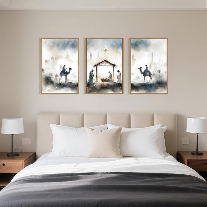 DRACIT Large Catholic Jesus Nativity Scene Framed Canvas Wall Art Set,Watercolor Holy Birth of Jesus Wall Decor,Trendy Christian Religious Artwork for Living Room,Bedroom,Church-24 x36 x3