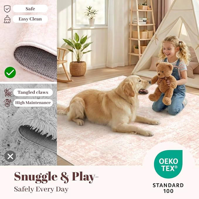 Homemate Washable Rug 4x6 Area Rugs - Vintage Faux Wool Rugs for Living Room Bedroom Dining Room - Non Slip Foldable Carpet Indoor Area Rug for Home Decor（4'x6', Pink