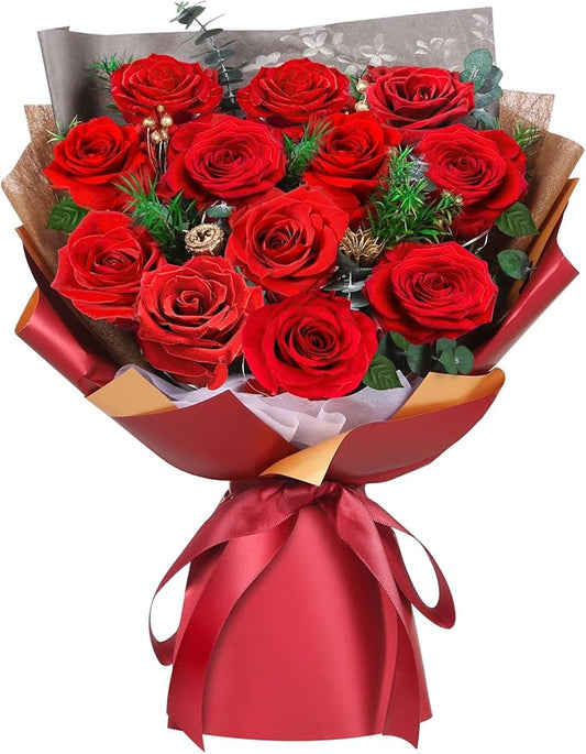 ADDWel 12 Preserved Red Roses Bouquet - Real Roses That Last Years, Romantic Anniversary & Birthday Gifts for Wife, Girlfriend - A Dozen Flowers for Delivery, Present for Her, Mom