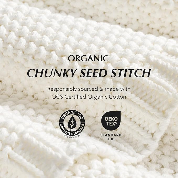 EverGrace Organic Cotton Chunky Knit Throw Blanket, 60 x 80 Bright White | OCS Certified Organic Cotton, Seed Stitch Knit, Soft & Breathable, Cozy Midweight, Decorative Throw for Couch, Bed & Sofa