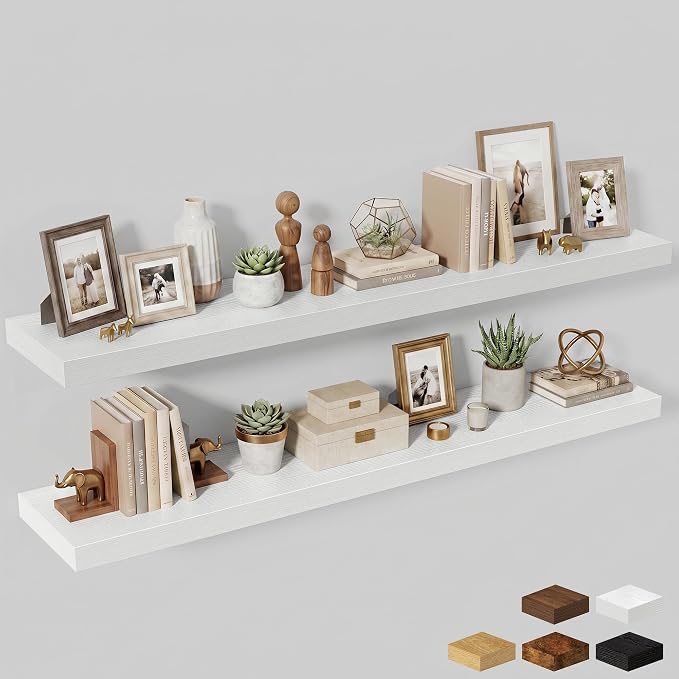 Fun Memories 72 Inch Fireplace Mantel Shelf, 12 Inch Deep Shelves for Display & Wall Storage, Rustic Wood Wall Shelf, Extra Long Floating Shelves for Living Room Laundry Room, White, Set of 2