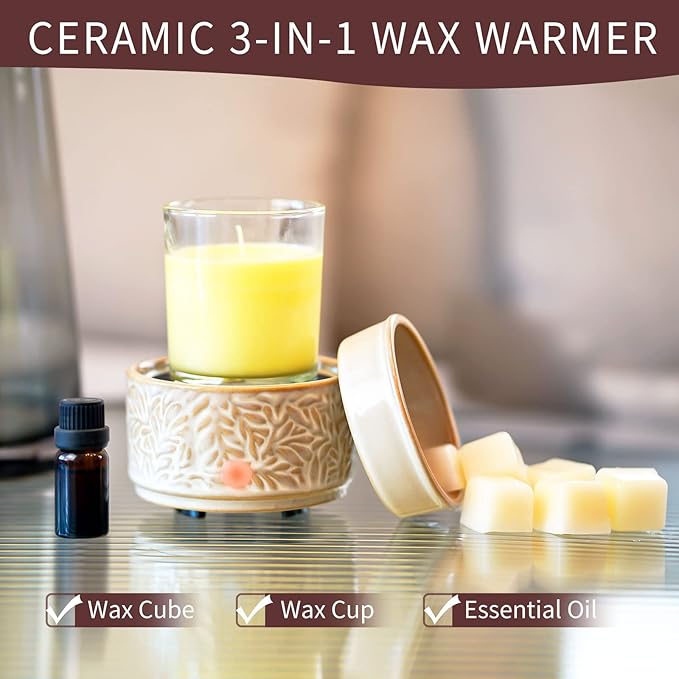 ElusiaKa Wax Melt Warmer 3-in-1 Electric, Ceramic Wax Burner for Scented Wax, Scented Wax Melter & Essential Oil Burner for Home Aromatherapy, Vintage Warm Brown