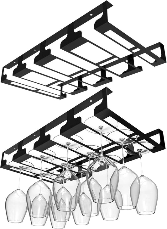 Wine Glass Rack - Under Cabinet Stemware Wine Glass Holder Glasses Storage Hanger Metal Hanging Organizer for Bar Kitchen, Black 4 Rows 2 Packs