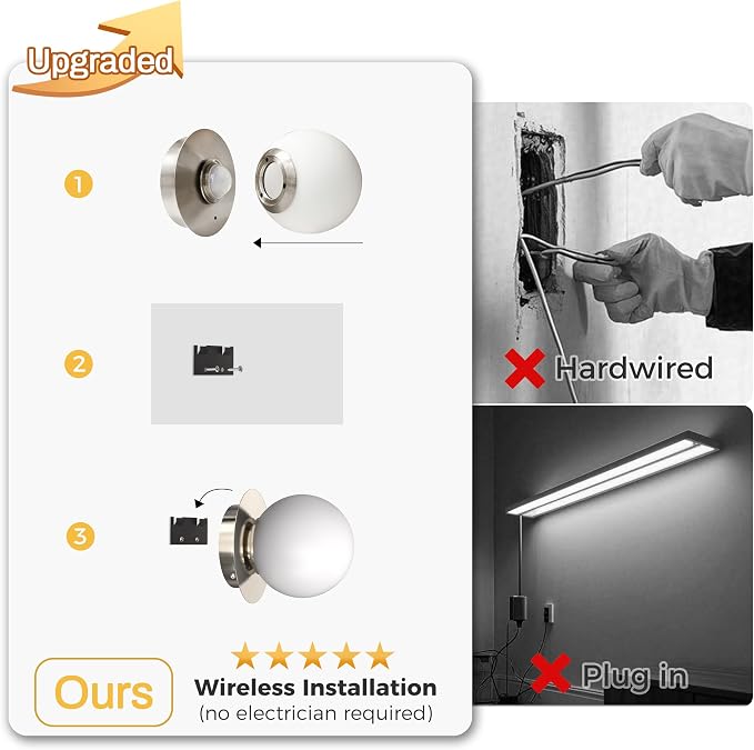 L LOHAS LED Battery Operated Wall Sconce Set of 2, 2-in-1 Rechargeable 10000mAh Wireless Globe Wall Lights with Remote, 16 RGB Colors Dimmable Modern Satin Nickel Sconces for Bedroom Living Room Decor