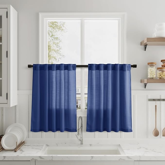 Classic Blue Linen Cafe Kitchen Curtains 30 Inch Length Linen Blend Semi Sheer Light Filtering Short Curtain Back Tab Rod Pocket for Over Sink Window Scandinavian Bathroom Laundry 2 Panels 36Wx30L