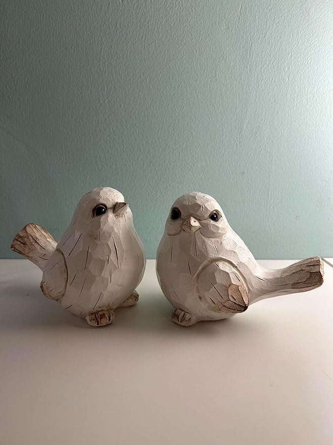KiaoTime Farmhouse Bird Decor Resin Bird Figurines - Set of 2, Vintage & Modern Bird Decor Statue for Home Decor Accents, Cottage Bird Ornaments Decoration New White Carved Rustic Bird Figurine