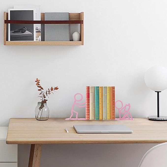 Metal Unique Office Desk Bookends Bookends Decorative Cute Book Ends Reading Decor Bookshelf Decor for Office School Library Bedroom, Book Lovers Gift（Pink）