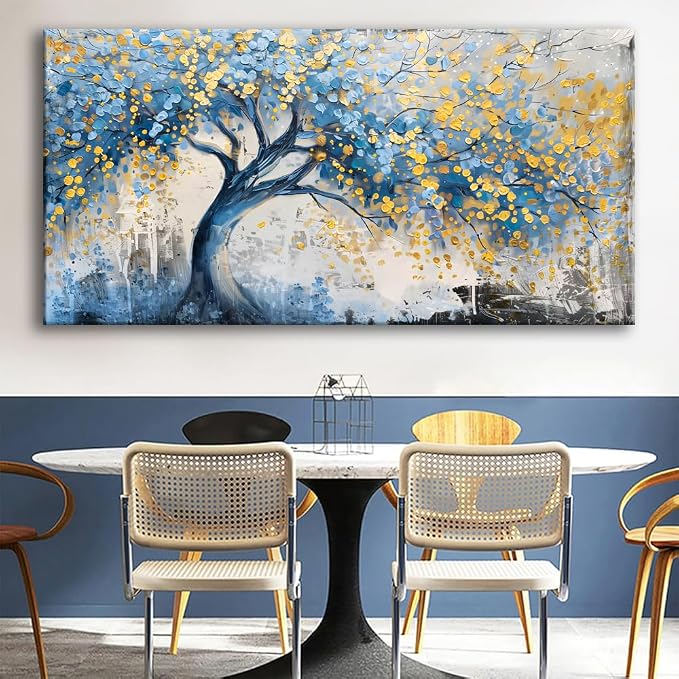 Wall Art Tree of blue Life Abstract Canvas Painting Textured Picture, Modern Landscape Artwork Framed for Living Room Bedroom Bathroom Office Home Decor 40x20in