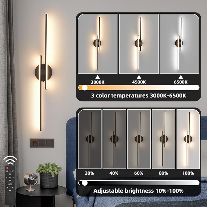 Rechargeable Battery Operated Wall Sconce Set of Two, Black Wireless LED Wall Sconces with Remote Control, Dimmable 3 Colors Cordless Wall Lights for Living Room, Bedroom, Hallway, 31.4 Inch(2pcs)