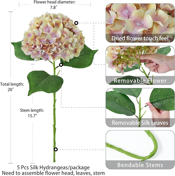 ZYTUYO 5 Pcs Champagne Mauve Silk Hydrangeas Artificial Flower Boho Dried Touch 20'' Faux Hydrangeas for Indoor Home Decor Kitchen Living Room Outdoor Porch Wedding Flower Arrangement