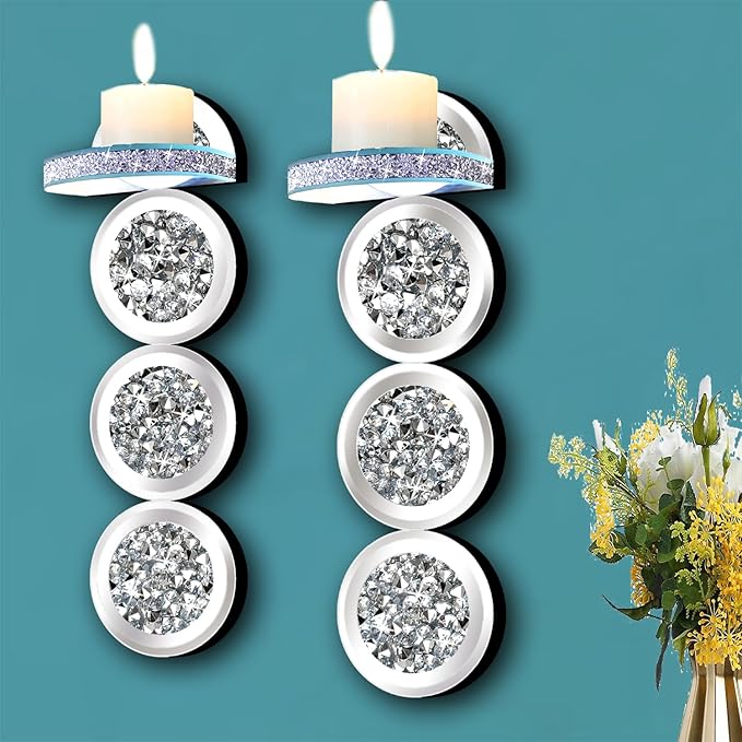 ZOLAPI Set of 2 Crystal Crush Diamond Candle Sconces, Gorgeous Silver Mirrored Wall Sconce, Round Candle Holder Glass Wall Decorations for Home Décor, Living Room, Dining Room.