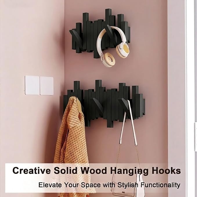 Modern Wooden Coat Rack, key holder wall mount– Handmade Solid Walnut Flip Hook Rack with Hidden Mount, Decorative Entryway Wall Hooks for Coats, Bags & Hats, Space-Saving Design (Black, 3Hooks)