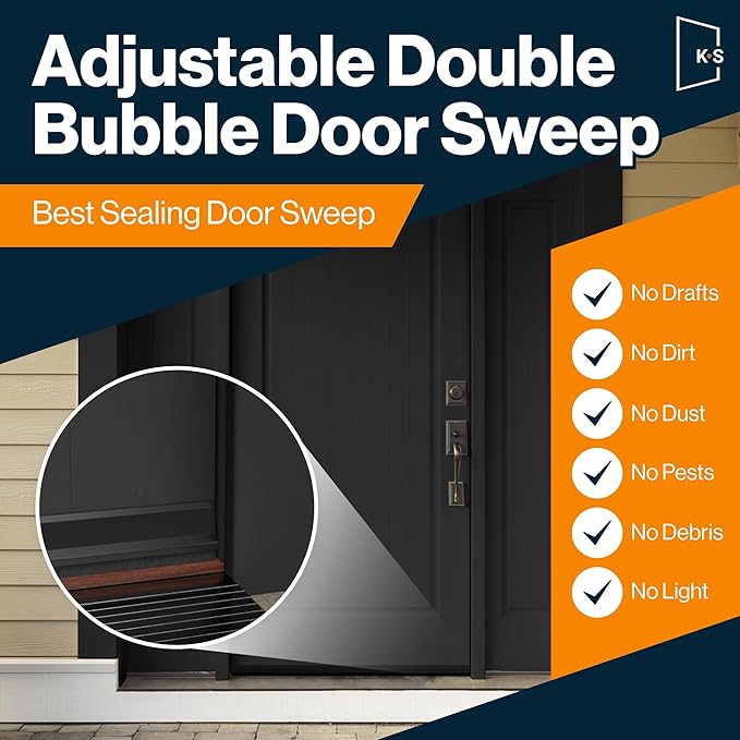 Patent Pending, Adjustable Double Bubble Door Sweep, Draft Stopper, Under Door Seal for Exterior Doors, 1 3/4" x 32" (Black 32 inch)