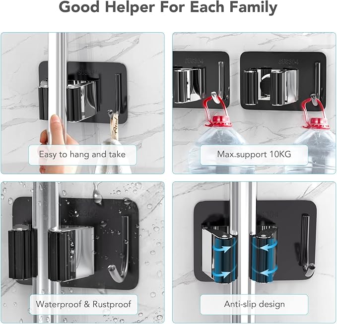 homeasy Mop Broom Holder No Drill, Mop Broom Organizer Wall Mounted Heavy Duty with Hooks Hanger, Self Adhesive Stainless Steel 4Pcs for Bathroom, Kitchen, Office (Multicolor)