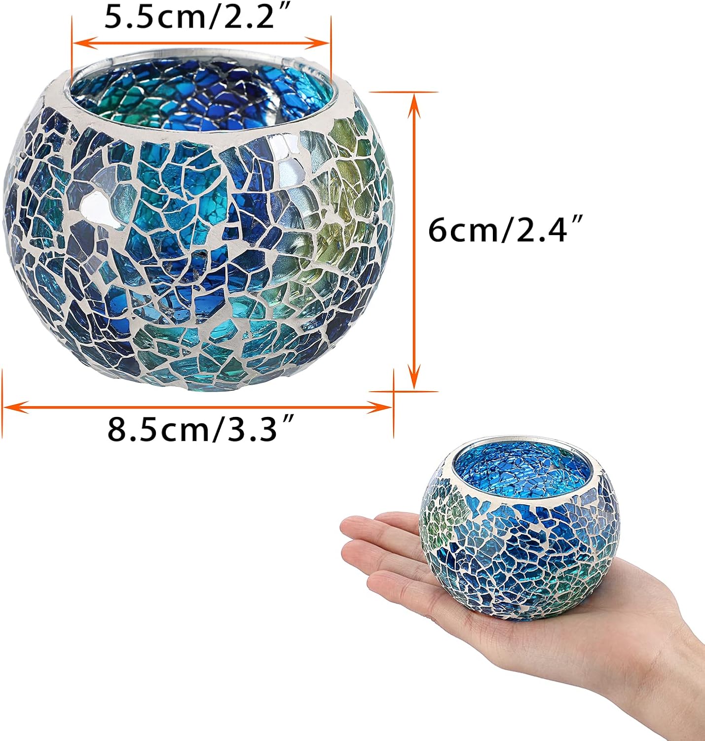 OwnMy Set of 3 Blue Mosaic Glass Tea Light Holders Round Bowl Votive Candle Holders Pillar Candle Stands, Glass Mosaic Tealight Holders Potted Plant Bowl Vase Candle Centerpiece for Table Wedding