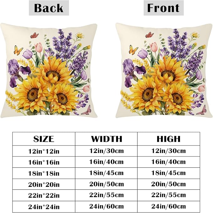 Sunflower Butterfly Throw Pillow Covers Tulip Iris Floral Pillow Covers 20x20 Set of 2 Purple Lavender Flower Pillow Cases Spring Summer Rustic Farmhouse Cushion Cases for Home