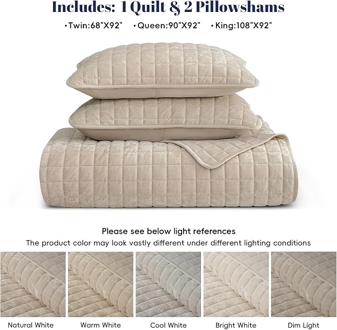 PHF Luxurious Velvet Quilt Set King Size – 3PCS Super Soft Quilted Comforter Alternative with Square-Box Quilt Pattern, Warm Quilted Bedspread Coverlet, 108" x 92", Oxford Tan