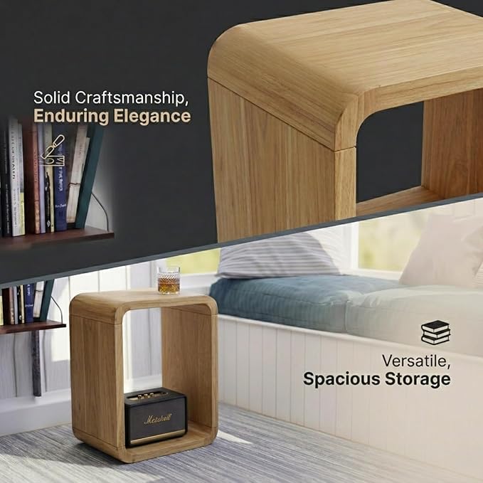 Relso Aurora End Table Solid Wood Nightstand with Open Shelf Storage, Natural Finish Bedside Table, Side Table for Bedroom, Living Room, Entryway, Small Spaces, Accent Bookshelf