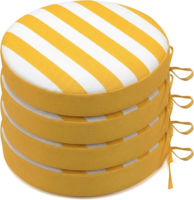 SK Studio Round Outdoor Chair Cushions for Patio Furniture, Set of 4 Waterproof Patio Chair Cushion with Adjustable Ties for Garden Sofa Couch, Yellow Stripe, 18"x18"x2"