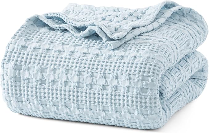 PHF 100% Cotton Waffle Blanket Twin Size for College Dorm, Lightweight Breathable and Soft for Summer, Luxury Aesthetic Waffle Weave Blanket for Bed & Gifts for Women, 66"x90", Sky Blue