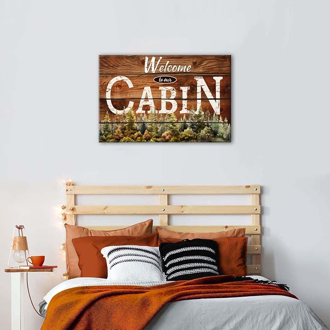 Cabin Wall Art Rustic Farmhouse Forest Wall Decor for Living Room Vintage Brown Wooden Grain Background Prints Welcome to our Cabin Picture Modern Artwork Bedroom Living Room Home Decorations 20x30"