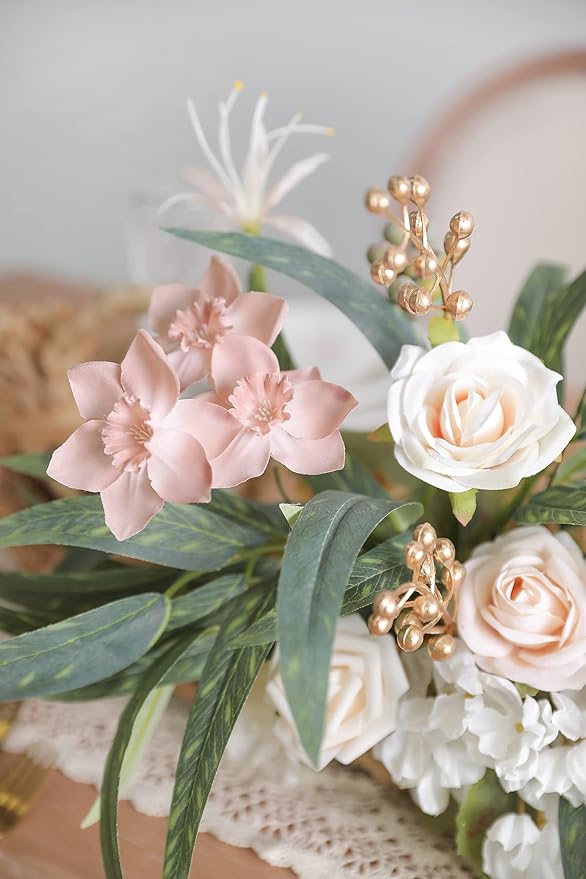 rongflower Artificial Flowers Combo Box Set Champagne Fake Flower Leaf Box with Stems for DIY Wedding Bouquets Centerpieces Arch Arrangement Baby Shower Party Home Decorations