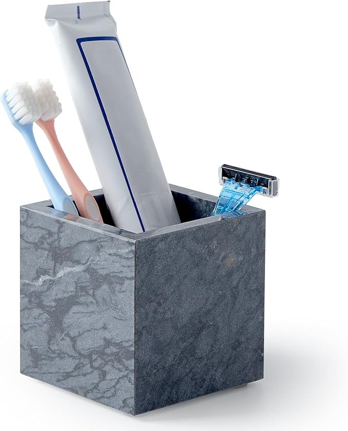 Real Luxurious Natural Marble Toothbrush Holder & Makeup Brush Organizer & Pen Holder for Desk,3.93inch Square Marble Utensil Holder Non-Ceramic/Non-Resin （Gray）