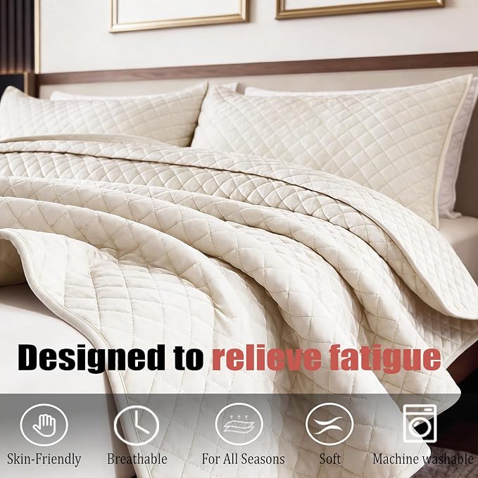 Velvet King Quilt Size Set 98x106 Luxury Ultra Soft Bedspread Coverlet 3-Piece King Comforter Sets with 2 Pillow Shams 20x36 Super Cozy for All Seasons Velvet Bedding Set, Cream White
