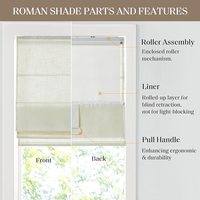 Madison Park Kyler Cordless Roman Shades - Single Panel, Lightweight Linen Blend Fabric, Natural Design, Easy Installation, Light Filtering Window Blind, Bedroom, Living Room Decor 34"W x 64"L Ivory