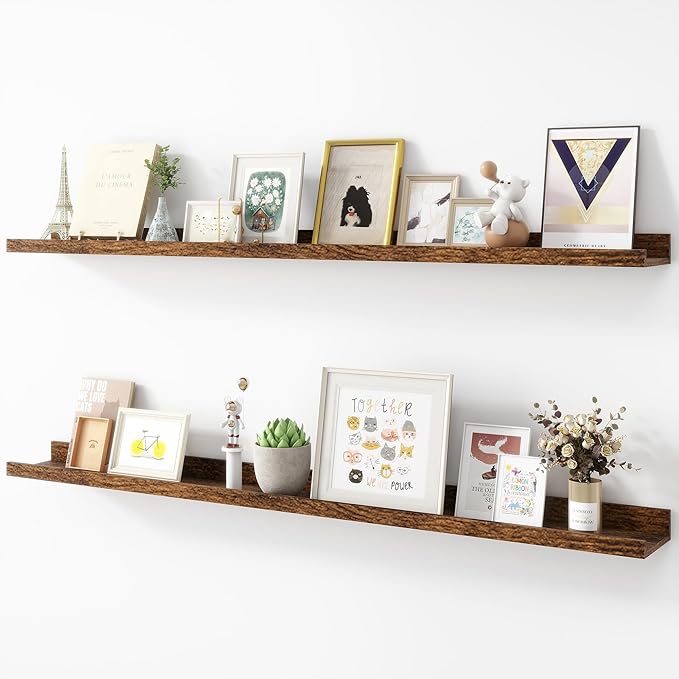 Acovy Picture Ledge Shelf, Wood, 48 inch, Brown, Set of 2 | Long Floating Shelves, Wall Mounted, For Living Room Kids' Room Bedroom, Photo Ledge Nursery Book Shelves