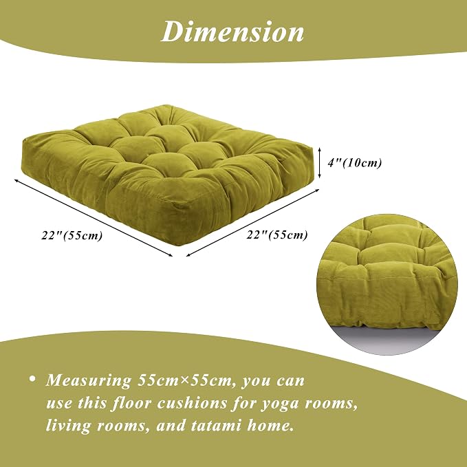 Meditation Floor Pillow 22×22 Inch 1 Pack Large Floor Cushions for Adults Square Tufted Corduroy Floor Pillows for Yoga Living Tatami Room Green