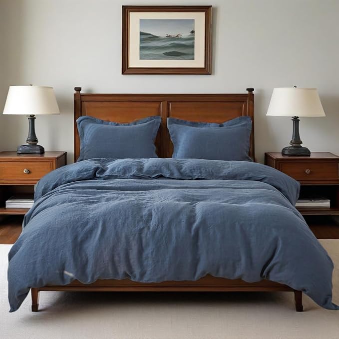 Simple&Opulence 100% Linen Duvet Cover Set, 3 PCS Classic Blue Duvet Cover King Size, Breathable Soft Comfy Linen Bedding Comforter Cover with 2 Pillowcases(Classic Blue, 104"x92")