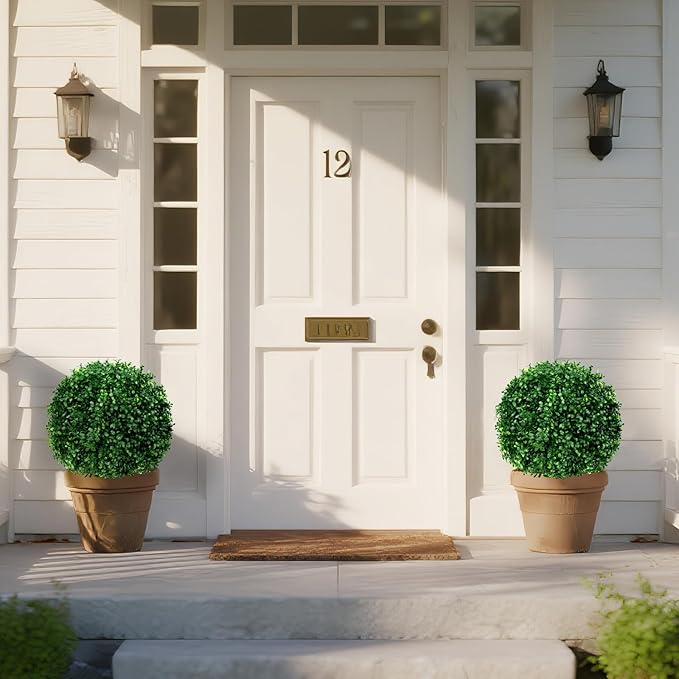 Yangrass Artificial Boxwood Topiary Ball Tree Set of 2, UV Resistant Artificial Outdoor Shrubs with Spike, Decorative Evergreen Fake Topiary Bushes Plant for Front Porch Garden