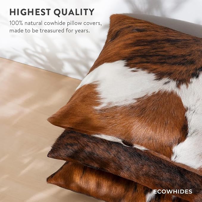 ecowhides 100% Genuine Brazilian Cowhide Pillow Cover – Tricolor, Brown, Black & White – Double-Sided – Luxury Leather Decorative Cushion for Rustic & Western Home Décor – 15” x 15”