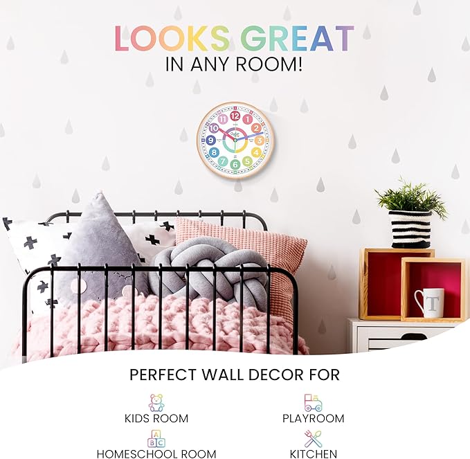 Oyster&Pop Pastel Kids Learning Clock – Award-Winning 10" Silent Non-Ticking Analog Wall Clock for Classroom & Kids Bedroom – Cute Colorful Decor & Educational Tool – Includes Teaching Time E-Book