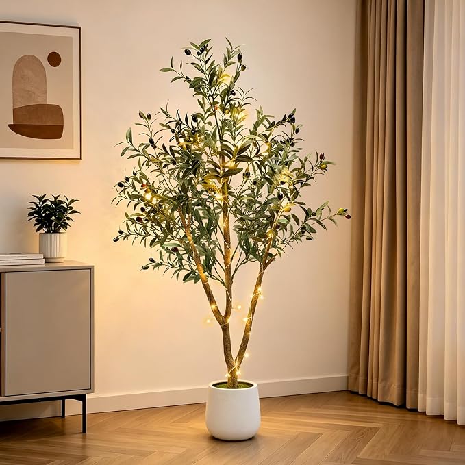 TNELTUEB Olive Trees Artificial Indoor: 5FT Fake Tree with Lights & Planter, Realistic Faux Olive Tree with Lifelike Fruits for Living Room Decor, Fake Silk Plants for Modern Home Office
