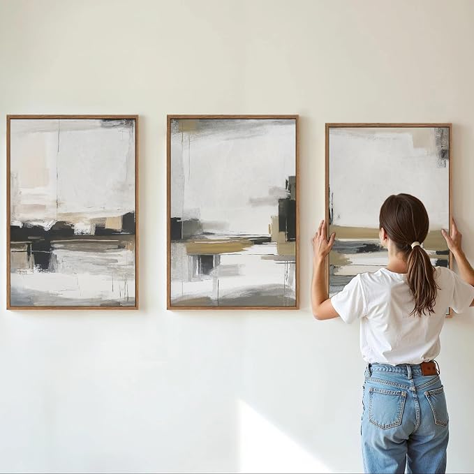 SIGNINART Beige Abstract Framed Canvas Wall Art Set, Black and White Textured Art Prints, Paint Strokes Minimalist Shapes Wall Decor, Neutral Modern Art Paintings for Living Room, Bedroom, Office 16"x24"x3