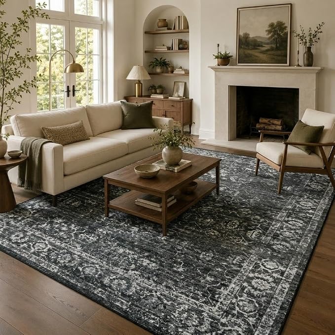 Lahome Margot 8x10 Area Rugs for Living Room Washable Rugs 8x10 Black Large Rug Indoor Carpet, Vintage Distressed Rug Soft Non Slip Area Rug for Bedroom Dining Room Home Office(8 x 10, Black/Grey)