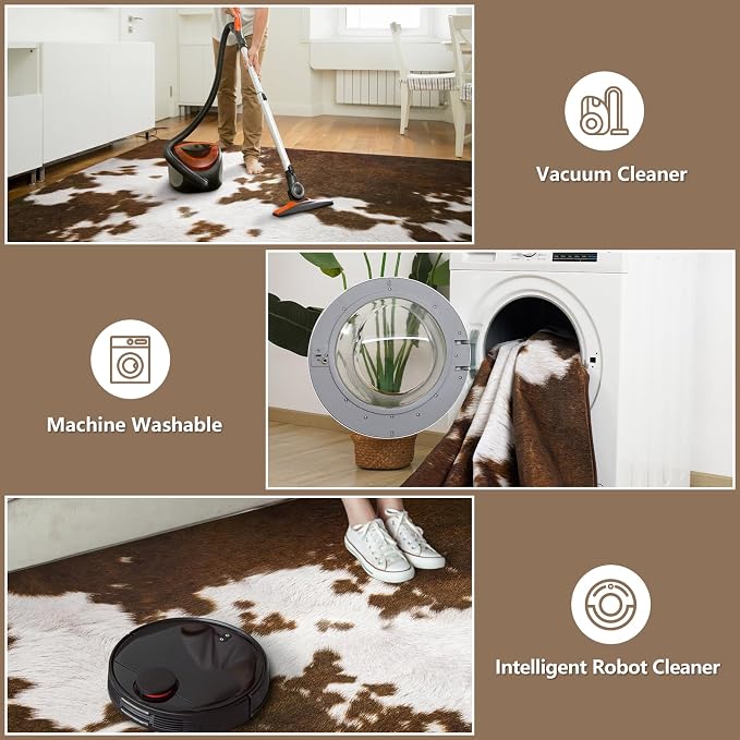 DweIke Cow Print Rugs for Living Room, 5x7 Soft Faux Animal Cowhide Area Rug, Washable Non-Slip Stain Resistant Throw Carpet for Dining Room Office Western Home Decor, Light Brown