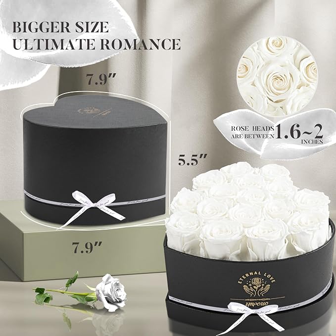Impouo 16-Piece Forever Flowers Heart Shape Box - Preserved Roses, Birthday Gifts for Women- Flower Delivery Prime, Valentines, Anniversary, Wedding Gifts- White Roses