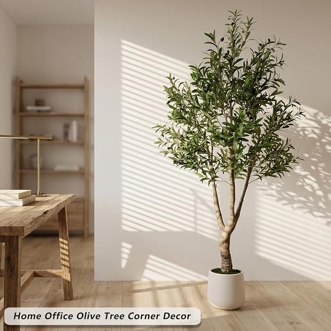 LYLYFAN Olive Tree Artificial Indoor 7FT Faux Olive Tree with White Tall Planter, Fake Olive Tree with Realistic Branches and Lifelike Fruits for Home Office Decor