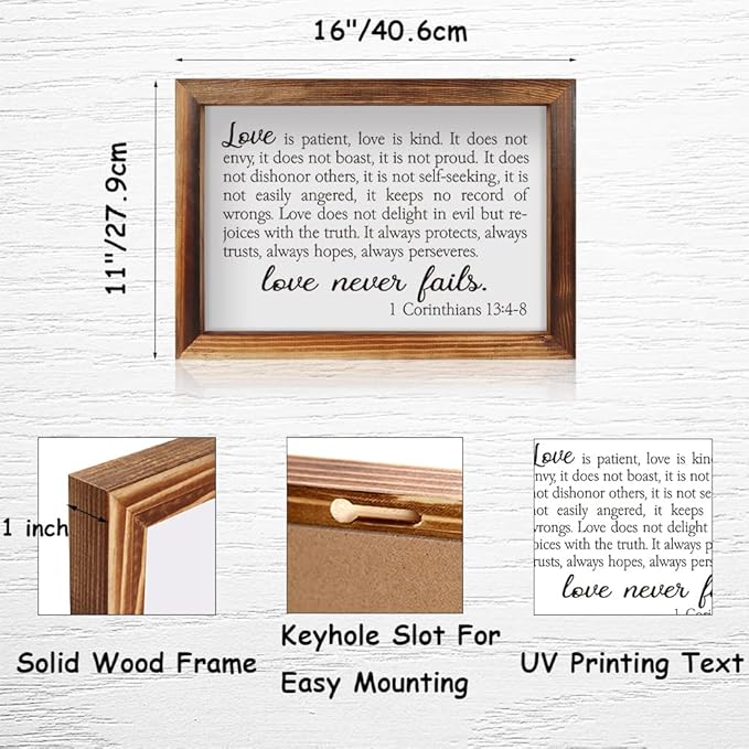 CHDITB Love Is Patient Framed Wood Sign Plaque(16×11), 1 Corinthians Wooden Wall Table Sign with Inspirational Quotes, Vintage Holy Bible Christianity Wall Art Sign for Living Room Farmhouse