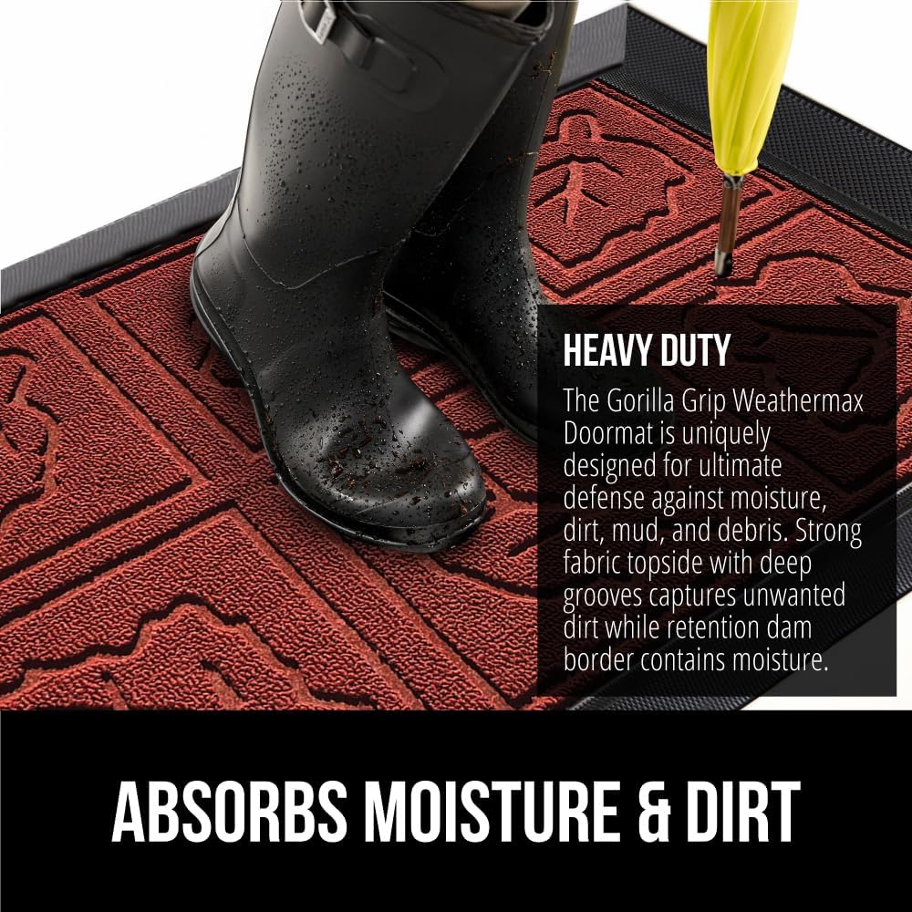 GORILLA GRIP 100% Waterproof All-Season WeatherMax Doormat, US Designed Natural Rubber, Stain and Fade Resistant, Low Profile Indoor Outdoor Door Mats, Easy Clean Patio Mat, 17x29, Burgundy Leaves