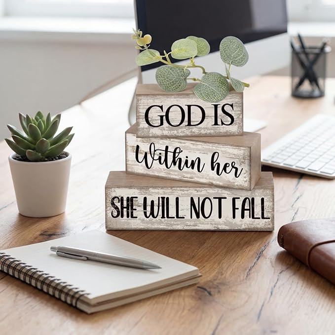 Lineshading 4 Pcs Christian Table Decor Inspirational Religious Gifts for Women God Is Within Her Bible Verse Wooden Block Signs Gift Farmhouse Christian Centerpiece for Mother's Day Home & Office