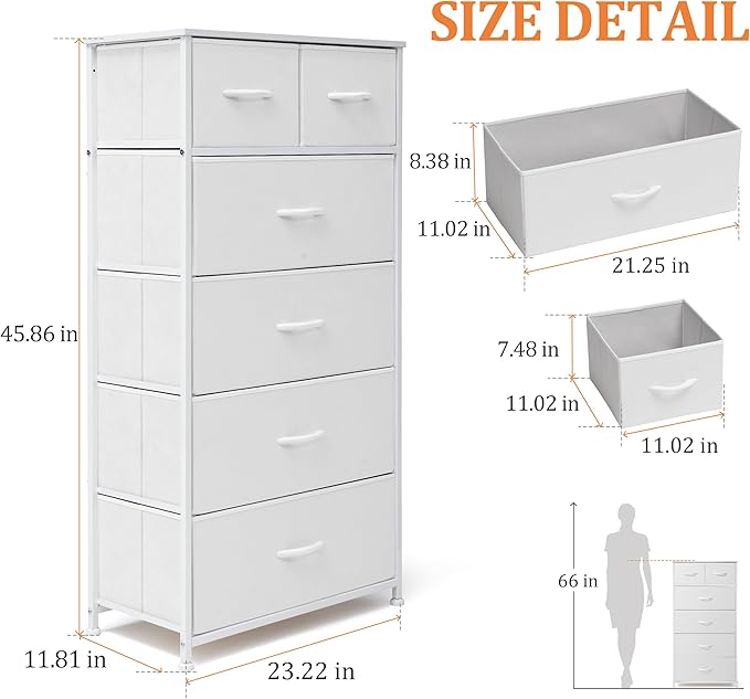 Fabric Dresser for Bedroom, Tall Skinny Dresser with 6 Drawers, Storage Organizer Tower, Steel Frame Wooden Top for Closet, Living Room, Hallway(White)