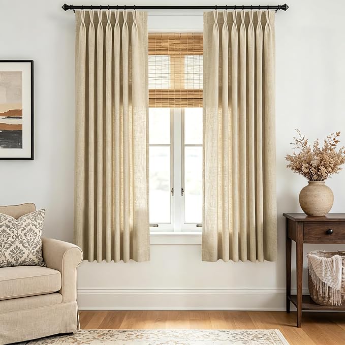 Memory Trained Linen Triple Pinch Pleated Curtains 2 Panels 40x63 Linen Blend Light Filtering Privacy Drapes with Hooks Back Tab for Track System Bedroom Study Minimalism Neutral Decor